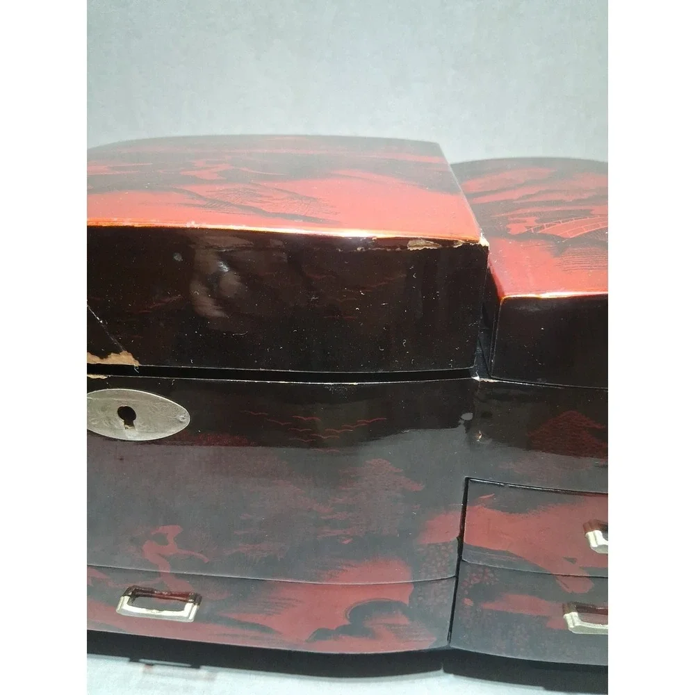 Japanese Black and Red Lacquered Musical Jewelry Box Circa 1970 With Key